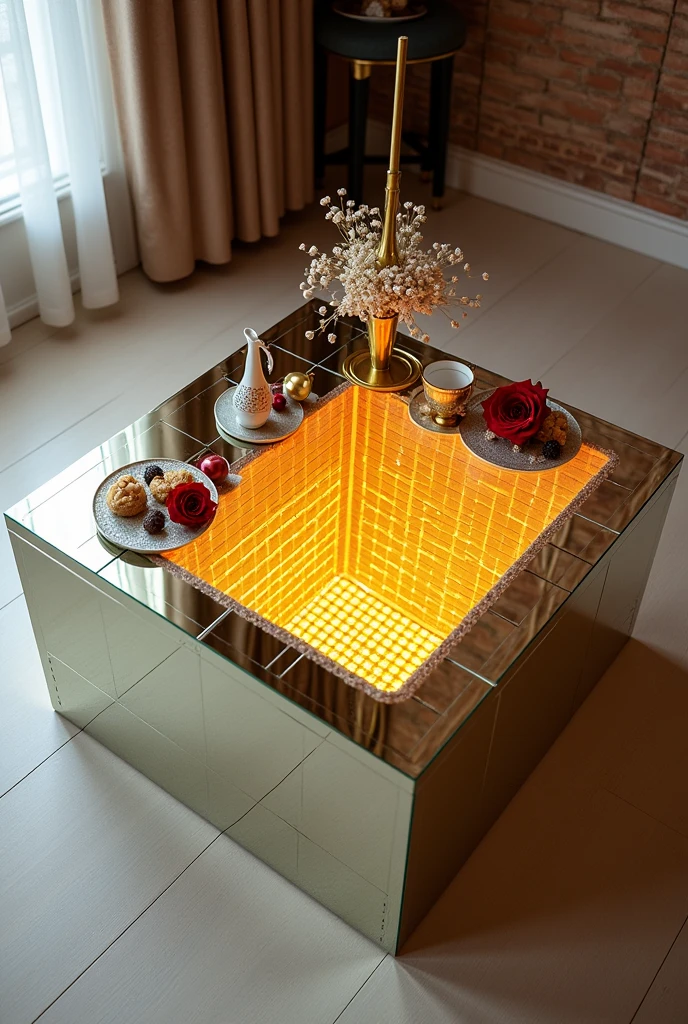 A small square coffee table, handcrafted, features a two-way mirrored glass surface that reflects a stunning visual effect inside, resembling a bottomless tunnel well, an endless ladder illuminated from within by a dim yellow LED light.. The sides are covered with brick wallpaper that simulates the look of 3D textured wallpaper.. The table is decorated with simple decorations such as golden pedestals, small flowers, a cake and nuts, and contains a red rose and a tea cup. . The table is placed on a light-colored wooden floor.. The table design combines simplicity and elegance with a touch of modernity, making it a distinctive piece of art in any room or living room.