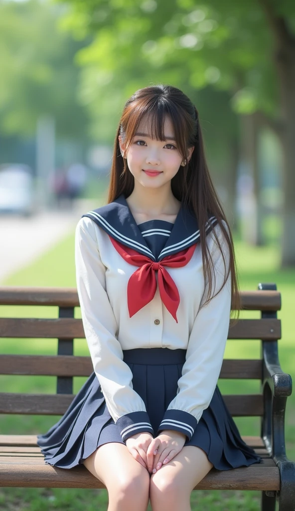 Highest quality　Japanese　Cute high school girl　uniform　mini skirt　Beauty　Real People　Face looking at the camera　smile　Sit on a chair　Park bench