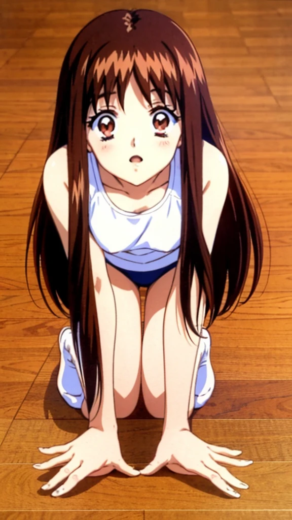 Yuuki Mizuho, One person, alone, Long Hair, hair band, Brown Hair, Bloomers,Gym suit, It's not a leotard., Open your mouth, blush, Lips parted, liar, On the mat,On all fours,On all foursになって,To the audience,From below, retro artstyle,White knee socks, sneakers, 1990s (style), expensive quality, very_expensive_solve, big_file size, Full Color,nsfw,