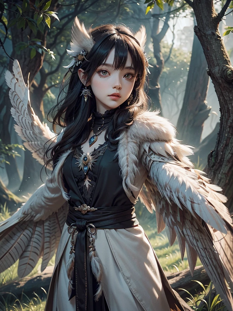 Create a hybrid child with owl half child with owl traits and feathers for a DND RPG with owl wings and owl eyes