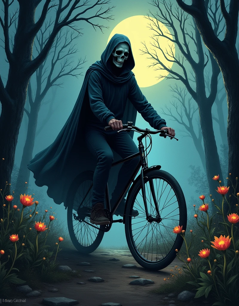 Create a surreal digital painting showcasing a captivating figure of death, interpreted as the grim reaper, riding a bicycle adorned with blossoms under the glow of a crescent moon bearing the likeness of a human face. The scene features elements of fluidity and transformation, reminiscent of the surreal reinterpretations of reality as seen in art from the late 19th century, before 1912 and not specifically linked to any artist post that year. Dramatic, high contrast lighting shines on the scene, casting deep shadows that intensify the sense of mystery. The scene, framed in a natural setting, blurs the boundaries between the real and the imagined. Techniques of digital painting and luminous airbrushing are used to bring out the eerie yet enchanting beauty of this personification of death on its unprecedented journey, 1pzsj1