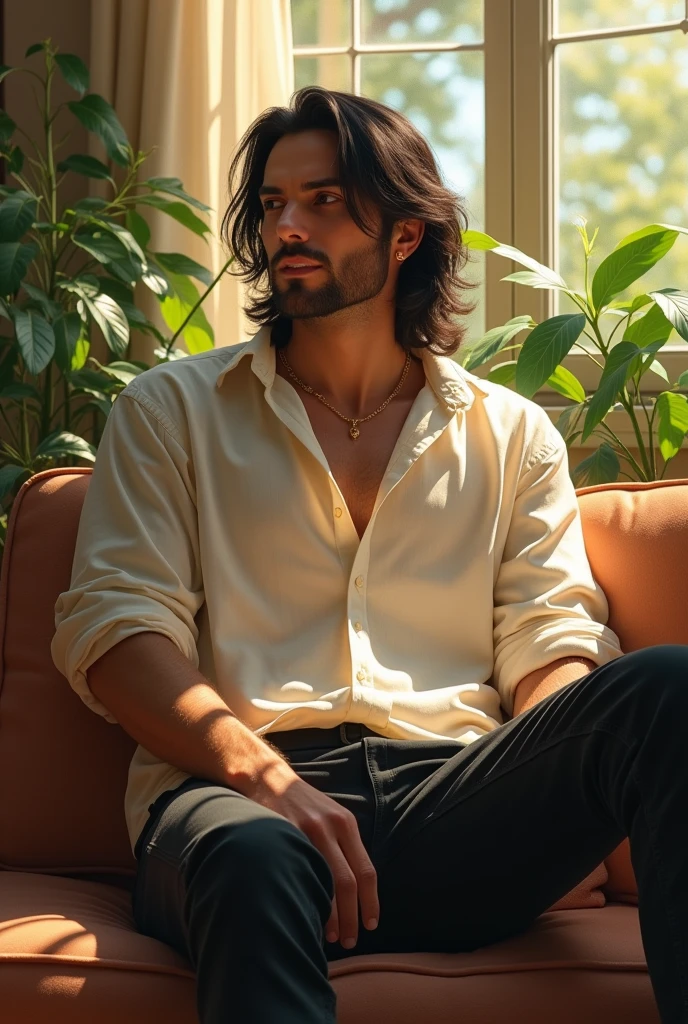 (photorealism:1.2),, handsome man sitting on thar
wearing loose off white shirt, black pants, long hair, indoors, soft lighting, plants in background, window with sunlight, cozy room, relaxed pose, realistic, intricate details, warm colors, by Greg Rutkowski.