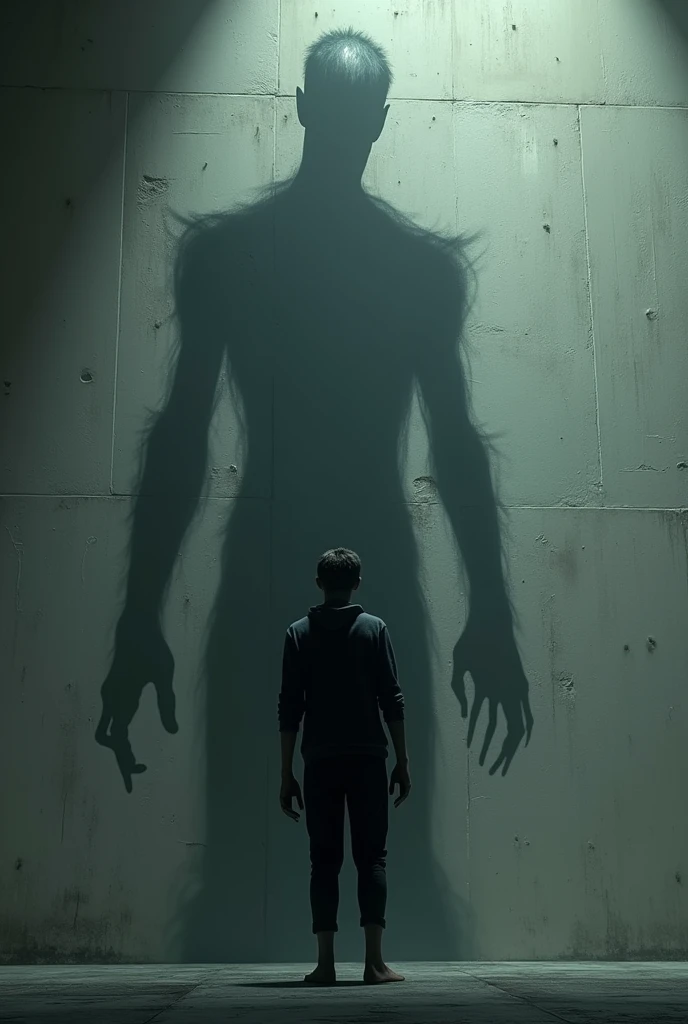 a person standing in front of a wall with the shadow of a person behind them, scary shadow people, robot shadow, shadow art, shadow effect, scary shadows, controlling shadows, creepy shadows, shadow people, realistic shadows, man mutating to zombie, 3 - d shadows, shadowcreature, 3d shadowing effect, dynamic shadow, perfect shadow, human glowing, shadows of zombies, holographic optical illusions, conjuring a demon, the shadow