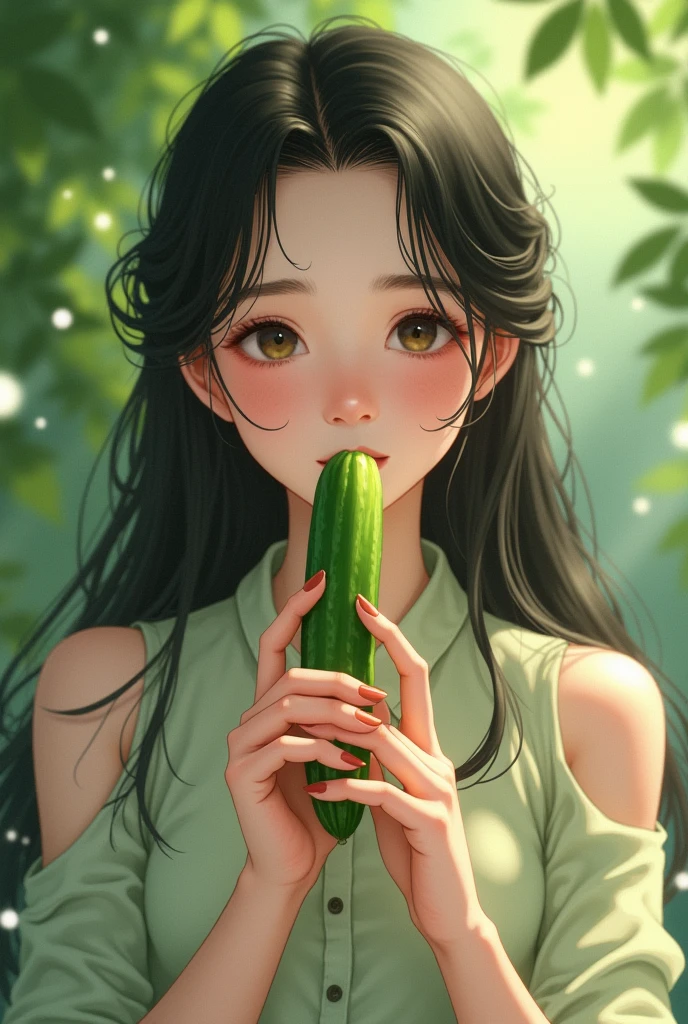 A beautiful girl named Sanhua is eating a long cucumber
