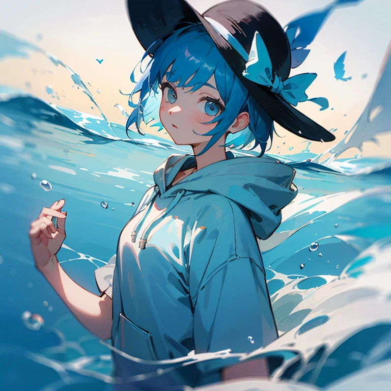 silk hat ((Highest quality)) ((masterpiece)) Perfect Face Blue Hair Short Hair Odd Eye An illustration Wearing a light blue hoodie One person In the sea Swimming neutral Hair fluttering Highest quality middle School girls Her hair is fluttering In the water