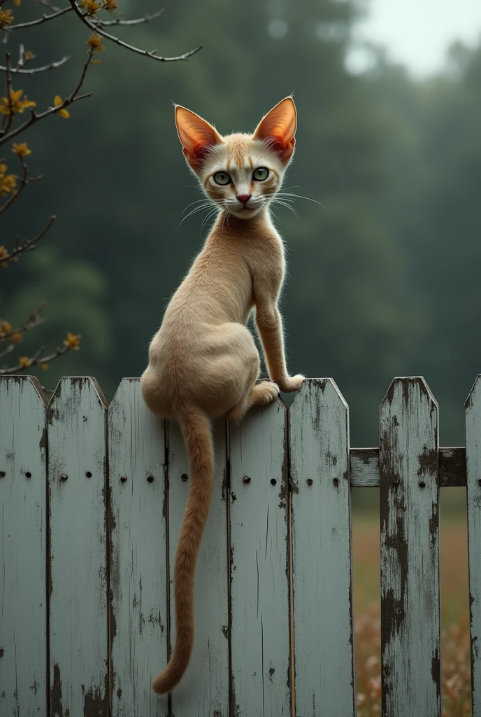 A sexy human-bodied cat looking back from a white wooden fence. 