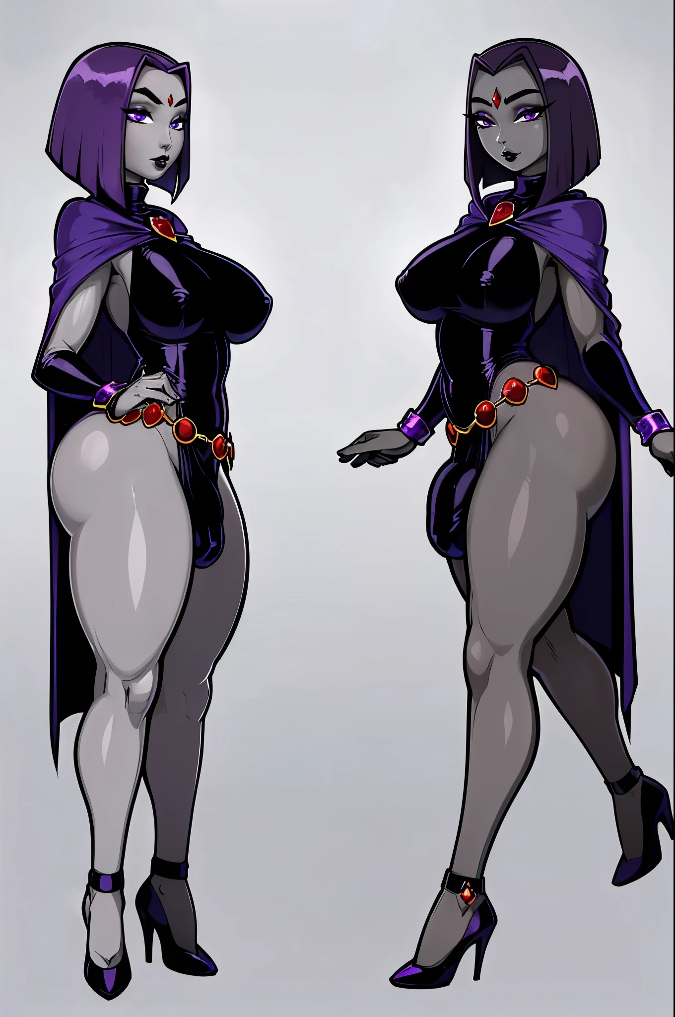 (solo:1.1),(masterpiece), (best quality:1.3),, (ultra detailed), (intricate), professional art, digital art, absurdres, shadraven, (Full body view:1.3), (far away view:1.1), 1girl, solo, (grey skin:1.4), dark purple hair, bob hair, dark purple eyes, hips wider than shoulders, pear shaped body, jewellery, detailed thighs, (thick thighs:1.3), red jewel in forehead, jewels, (long sleeved turtleneck leotard:1.4), (Red jewel Belt), (red jewel brooch), cuffs, small breasts, nipple bulge, (raven long dark purple hooded cape), (Shadraven brooch:1.2), Shadraven jewel belt, Shadraven wearing a long sleeved leotard with a hooded cape and fingerless gloves high heels and waist-high-leggings, (long legs:1.3), ( detailed long thick veiny crotch bulge with veins showing through clothing:1.4), large penis, large testicles, looking at viewer, (side angle frontal view),(bubble butt) , gluteal crease, universal lighting,(Detailed ass),