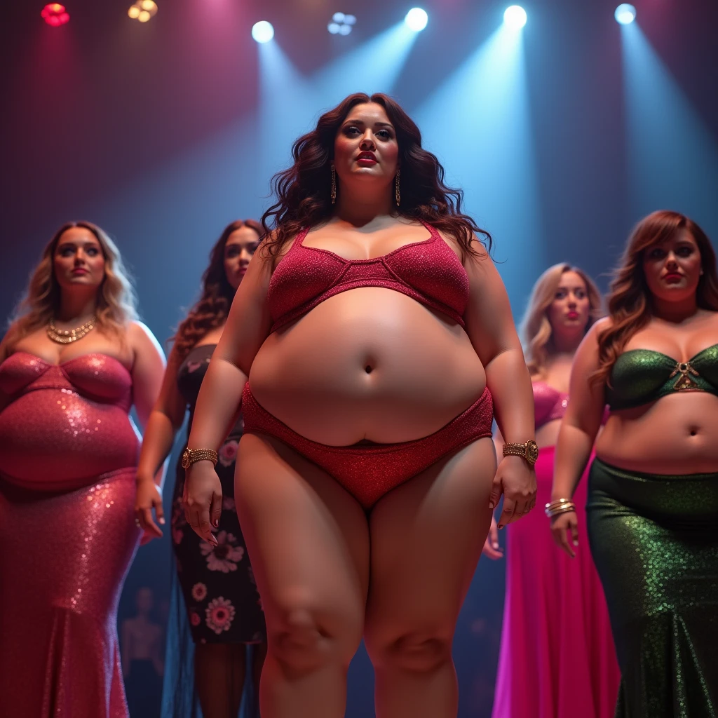Seven plus size model women are obese and overweight, with plenty of belly fat, they have gained weight by eating too much, they are obese plus size models with very large bellies, their bellies are bulging and covered with a lot of fat, they are wearing gorgeous and colorful dresses and are on the stage of the SSBBW contest to compete for the size of their bodies, 4K quality, low angle
