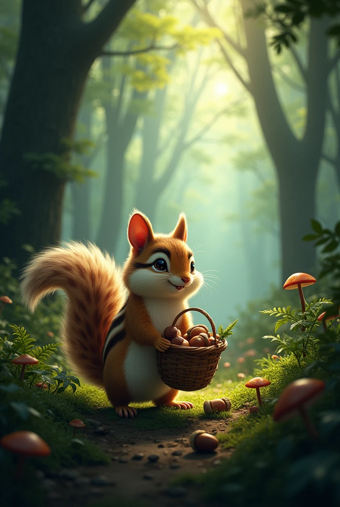 chipmunk holding a basket of acorns in dark forest