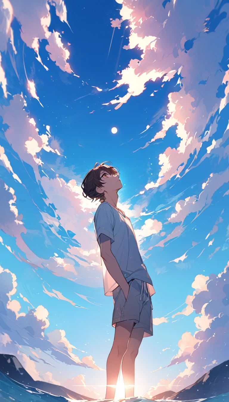 good looking, alone, 1 male, Dark brown hair, Pink highlights on the tip, Pale pink eyes,summer,A vast blue sky,sun,Looking up at the sky