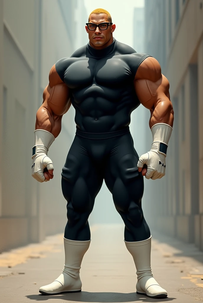 Young man with brown skin and golden hair. shaved off,with glasses and a turned-up nose.
He has a muscular body the size of a huge bodybuilder.
He wears a super tight black spandex suit, a pair of white gloves and extra long white football socks that reach up to her thighs, highlighting her legs