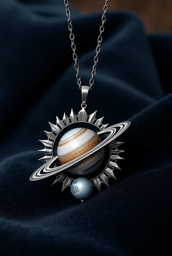 Create an image of a silver necklace with a celestial design.

In the middle, place a ring representing the planet Saturn, with its characteristic rings.

Around Saturn, Add 8 triangles that simulate the sun&#39;s rays, creating a sun effect behind the planet.

About Saturn, place a design that resembles the planet Pluto, with two concentric stripes representing its ice caps.

Inside Pluto, add a crescent moon, symbolizing light and darkness.



The necklace should look like an elegant and heavenly piece of jewelry.."
