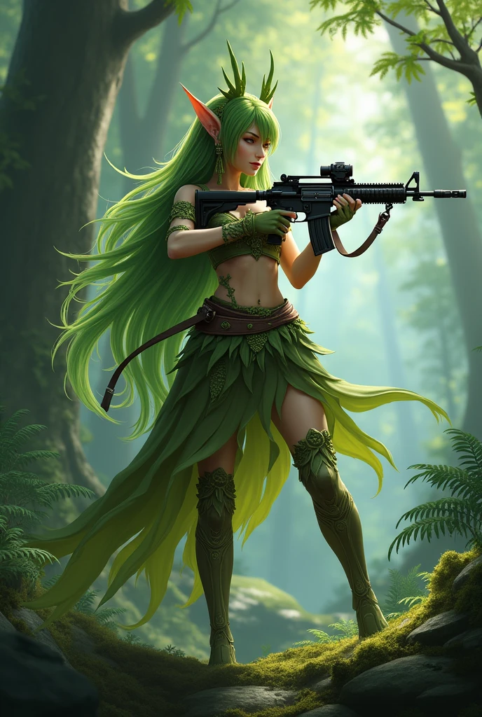 A beautiful girl bgmi character with forest elf set with m416 in her hands