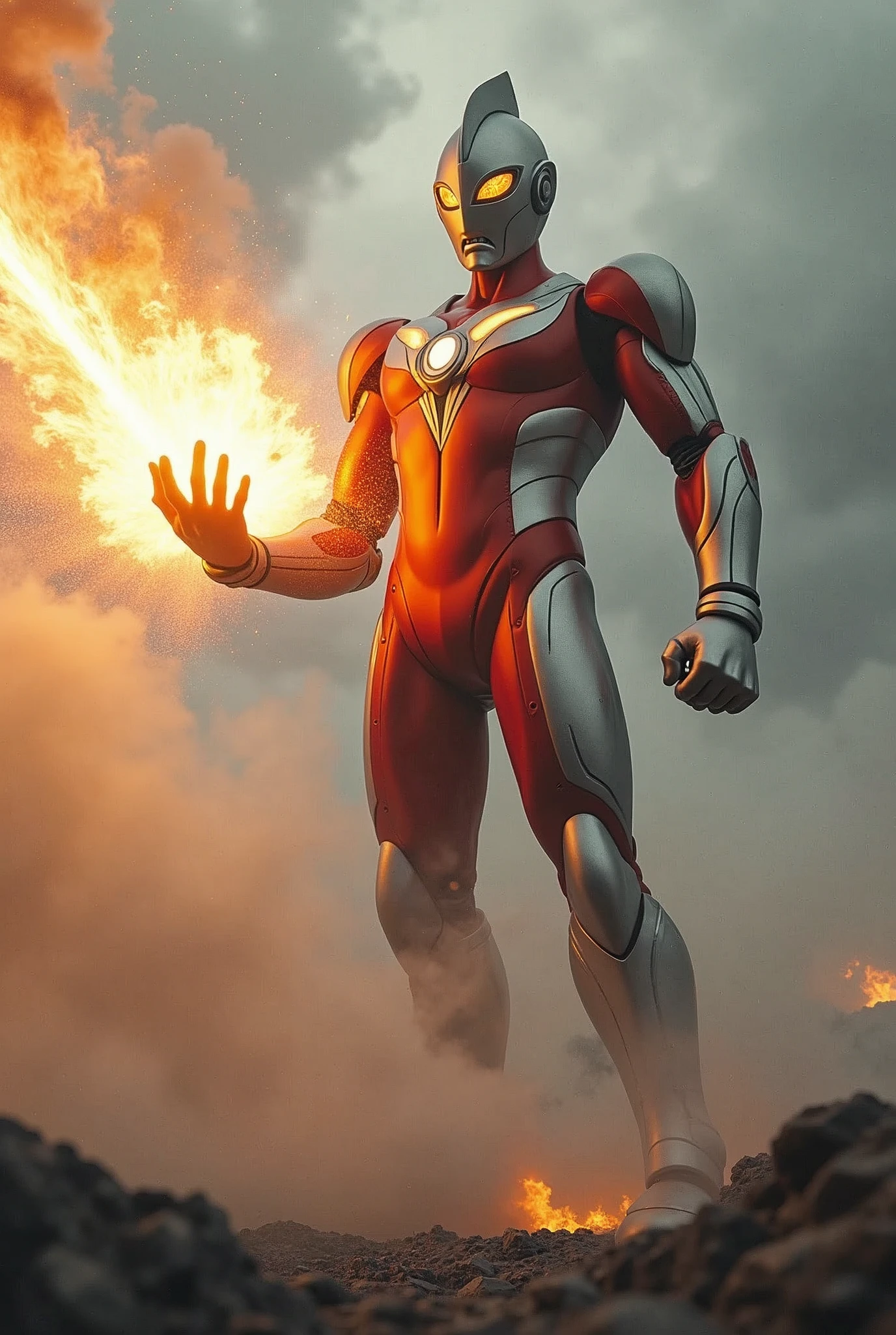 Real Big giant Ultraman fire laser beam with Ultraman hand iconic pose. With strong wind situation. Big blast from hand. Tilt shift photography. 4k. Monochrome