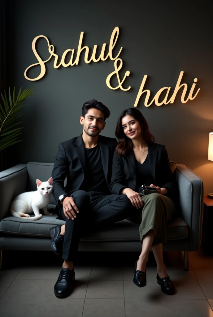 A 22 year old stylish young man and 20 year old stylish young gril wearing a black shirt and black blazer is sitting on a sofa with one leg up,hand iphn 15, a pair of sneakers canvas shoes, Black watch on left hand, black sunglass hanging on right hand, sitting on a small gray color single sofa, white color cat siting on sofa, dark wall behind, light white light shadow coming, name written on the wall with capital letters Slightly curved, 3D TEXT: "Sahul & Shahi"
