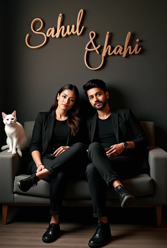 A 22 year old stylish young man and 20 year old stylish young gril wearing a black shirt and black blazer is sitting on a sofa with one leg up,hand iphn 15, a pair of sneakers canvas shoes, Black watch on left hand, black sunglass hanging on right hand, sitting on a small gray color single sofa, white color cat siting on sofa, dark wall behind, light white light shadow coming, name written on the wall with capital letters Slightly curved, 3D TEXT: "Sahul & Shahi"