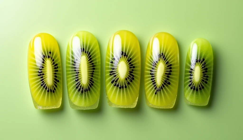 Kiwi Splash Nail Art: Each nail is designed to resemble a juicy kiwi slice. The center of the nail features a realistic kiwi fruit core with its characteristic black seeds radiating outward. The background is a gradient of soft, pale green that fades into a vibrant lime, mimicking the transition from the inner fruit to the outer flesh. The tips of the nails are subtly textured to represent the fuzzy skin of a kiwi, adding a tactile dimension to the design.