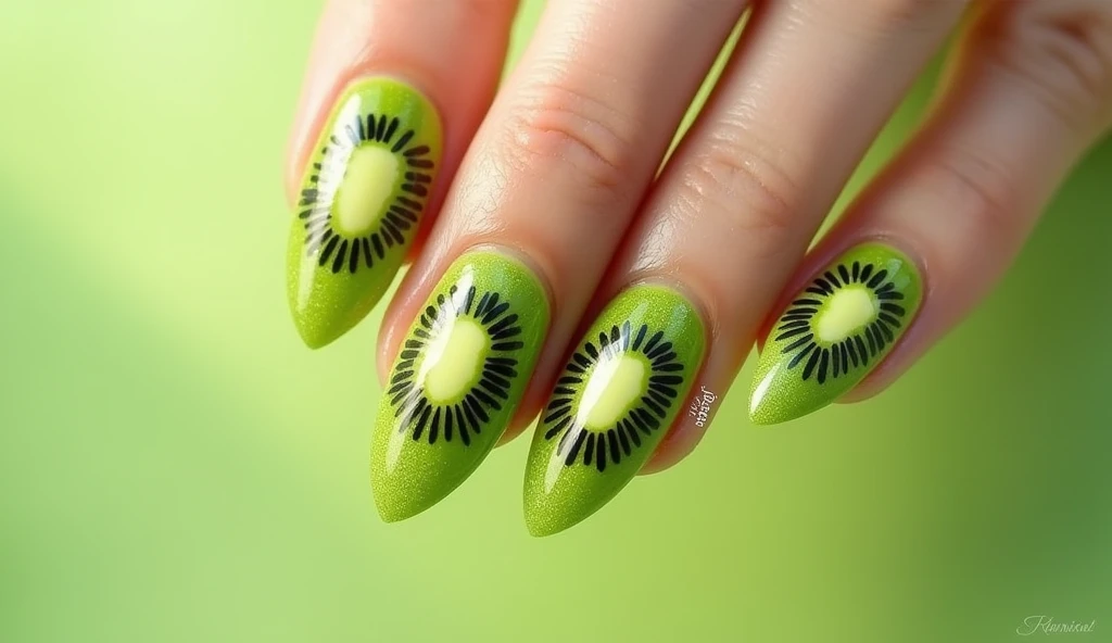 Kiwi Splash Nail Art: Each nail is designed to resemble a juicy kiwi slice. The center of the nail features a realistic kiwi fruit core with its characteristic black seeds radiating outward. The background is a gradient of soft, pale green that fades into a vibrant lime, mimicking the transition from the inner fruit to the outer flesh. The tips of the nails are subtly textured to represent the fuzzy skin of a kiwi, adding a tactile dimension to the design.