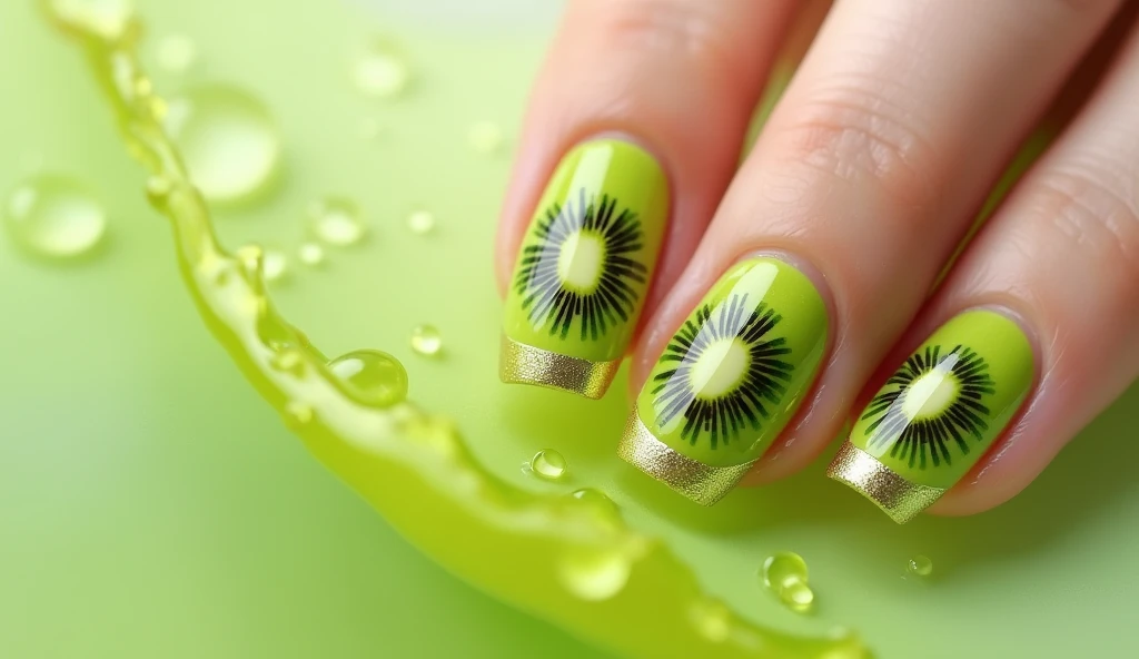 Kiwi Splash Nail Art: Each nail is designed to resemble a juicy kiwi slice. The center of the nail features a realistic kiwi fruit core with its characteristic black seeds radiating outward. The background is a gradient of soft, pale green that fades into a vibrant lime, mimicking the transition from the inner fruit to the outer flesh. The tips of the nails are subtly textured to represent the fuzzy skin of a kiwi, adding a tactile dimension to the design.