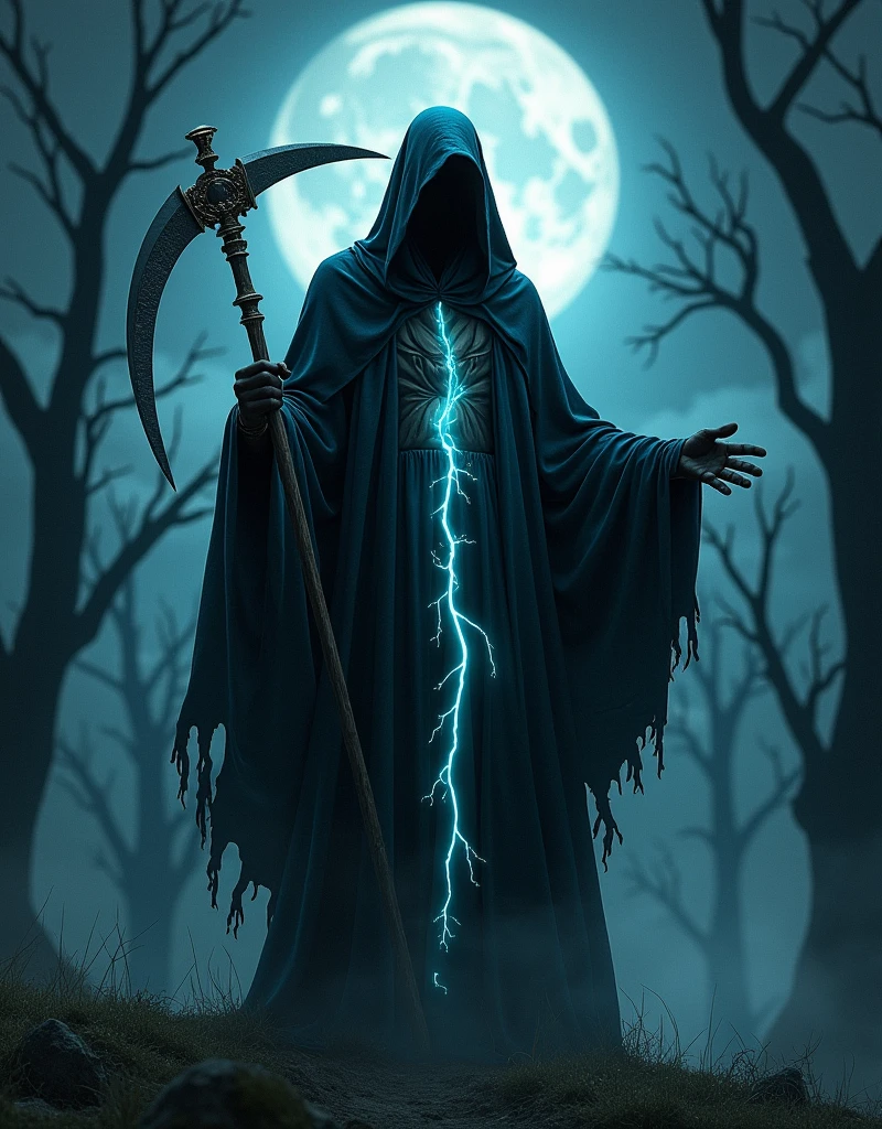 A vivid scene depicting the Grim Reaper, the iconic figure in a dark shroud wielding a scythe. In this unique interpretation, his form appears to be splitting, as if his essence or 'soul' is being divided. Ethereal wisps of energy escape from the dividing line, glowing in the eerie darkness. He stands against a backdrop of a moonlit night with barren trees silhouette in the background, adding to the chilling atmosphere.