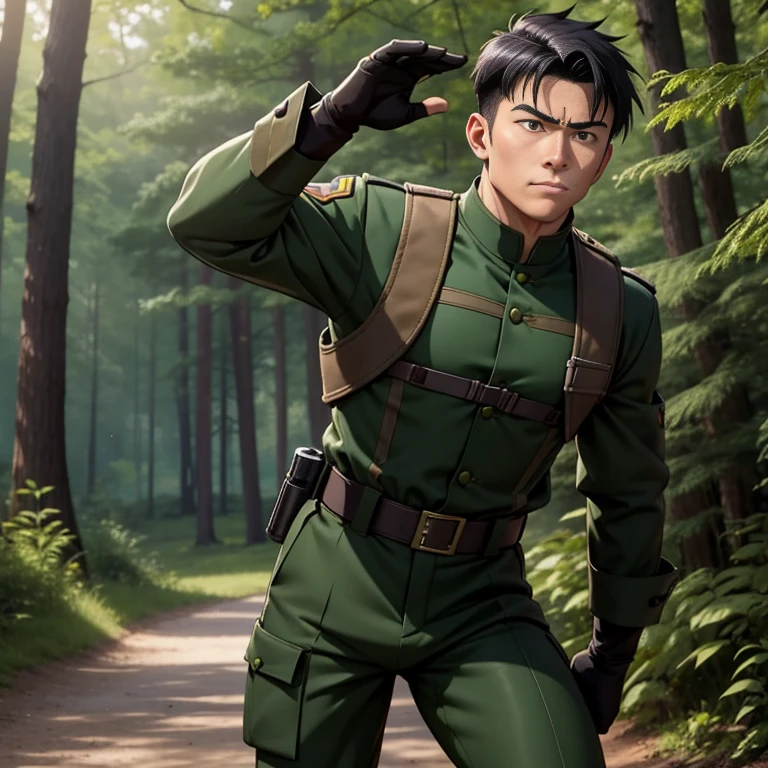 anime、Zeon Army soldiers、30 years old,One Man,、Dark green military uniform、White tights、Shocker Belt、Black gloves、Brown boots、With a handgun on his hip、Fighting in the forest、Jumping Kick　logic, ,Black Hair。Pretty short and even shorter short hair、Handsome soldier　Asian Face　The crotch area of my pants is bulging