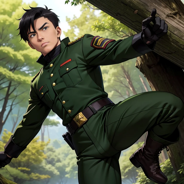 anime、Zeon Army soldiers、30 years old,One Man,、Dark green military uniform、White tights、Shocker Belt、Black gloves、Brown boots、With a handgun on his hip、Fighting in the forest、Jumping Kick　logic, ,Black Hair。Pretty short and even shorter short hair、Handsome soldier　Asian Face　The crotch area of my pants is bulging