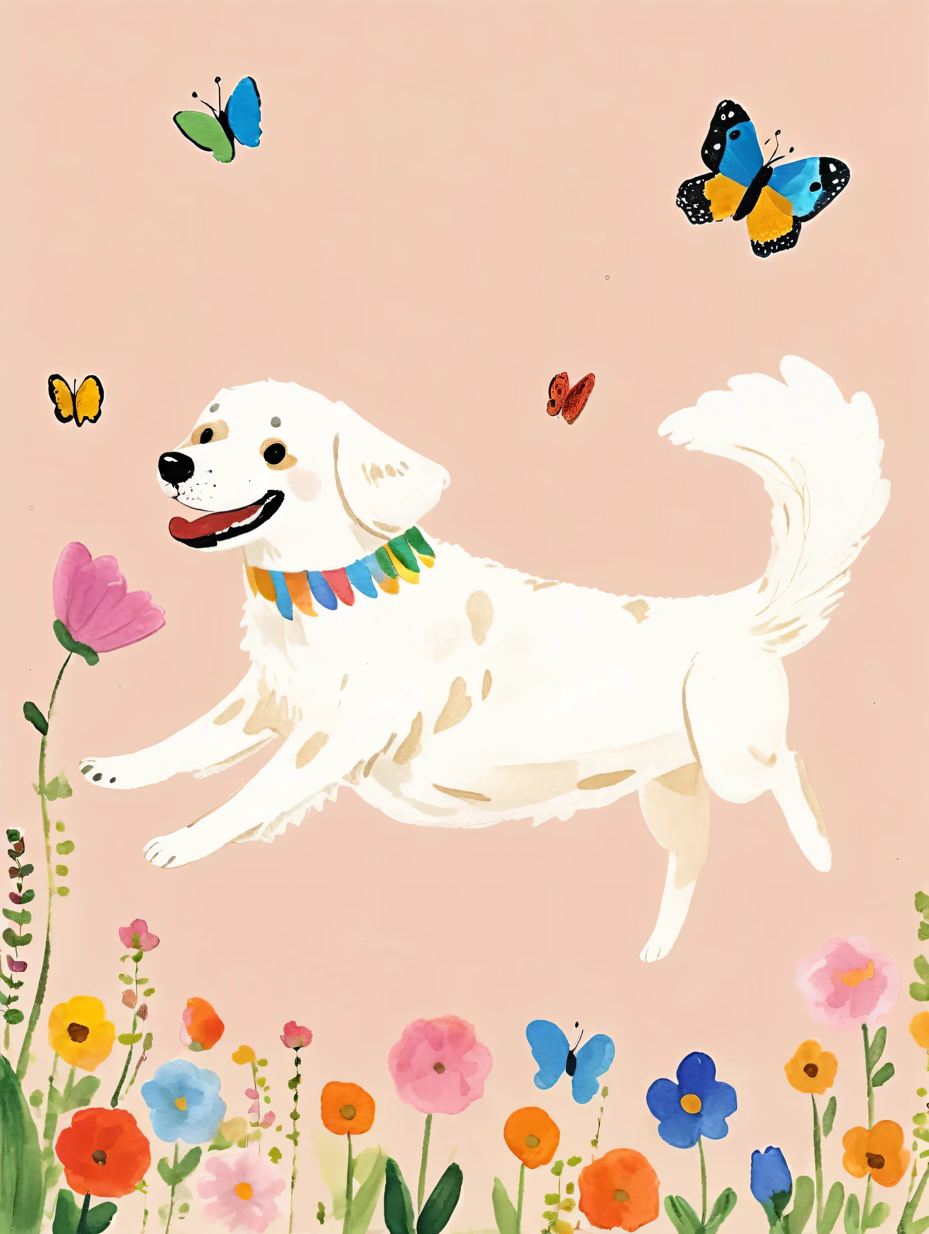 masterpiece, high quality, A cute dog chasing a butterfly, hand drawing, illustration, flowers, white background