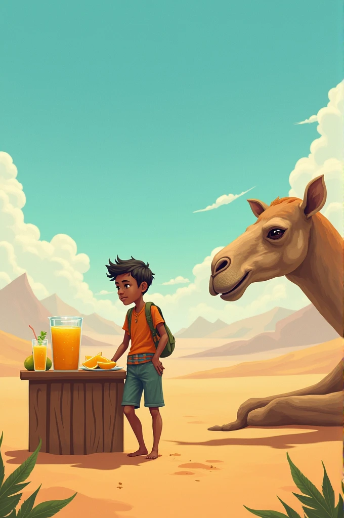 A boy selling mango juice in the desert near a camel under the open sky