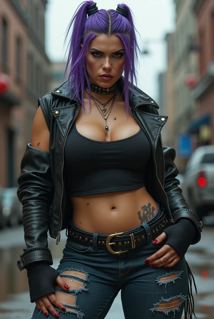 Girl,high,muscular,curvy figure,voluptuous,round and firm ass,face  made up with dark colors,stern expression,hair is dyed purple and shaved on the sides,various piercings on the face and body.
outfit:punk and gothic clothing, leather jacket, military boots, ripped jeans, no bra, a wet transparent T-shirt that shows her breasts.