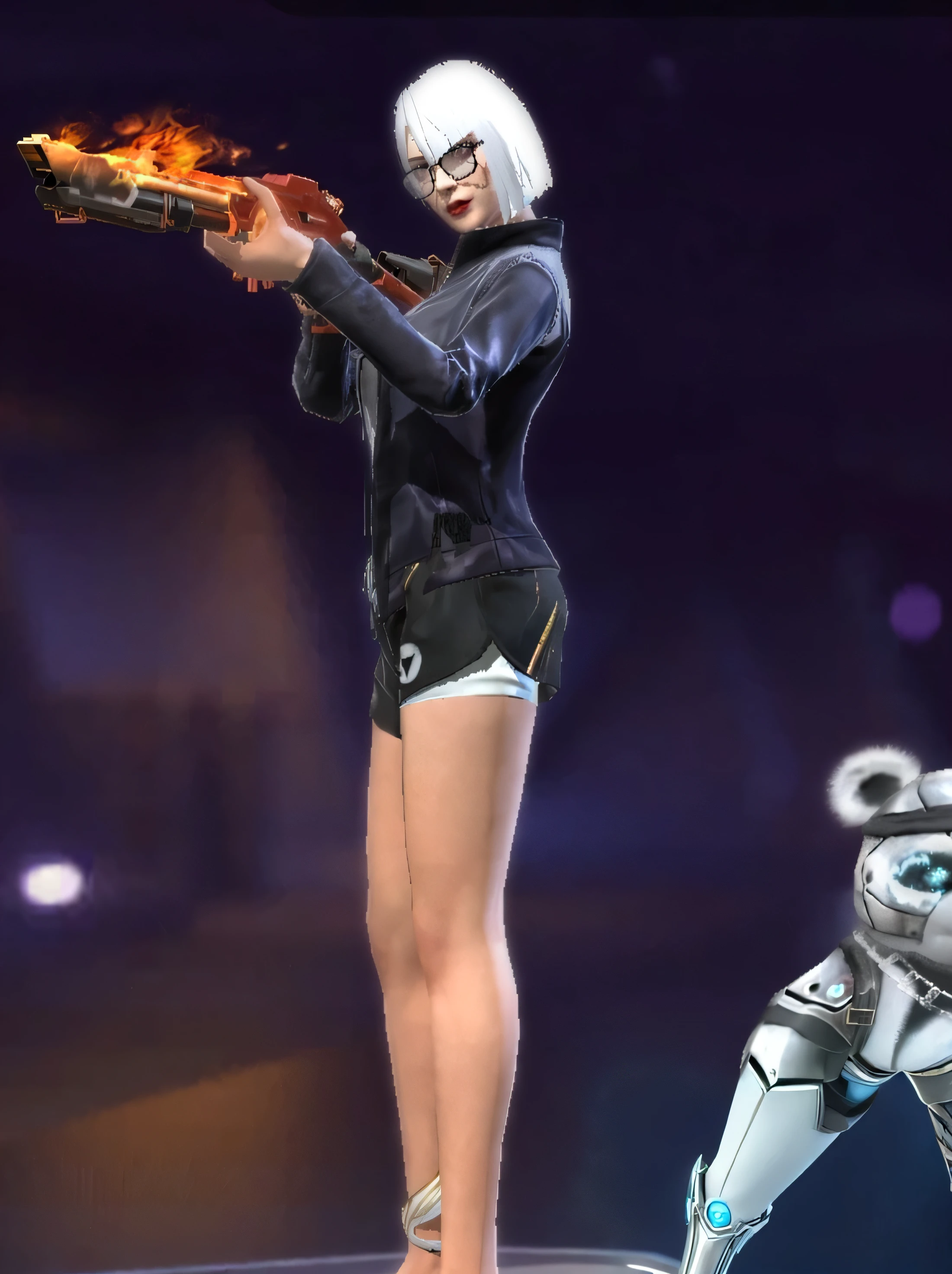 there is a woman holding a gun with a fire in her hand, as an overwatch character, echo from overwatch, as overwatch character, inspired by Leng Mei, lunar themed attire, chrome outfit, platinum skin, ingame image, overwatch inspired, overwatch skin, junker queen from overwatch, from overwatch, with pistol, overwatch style, loba andrade from apex legends