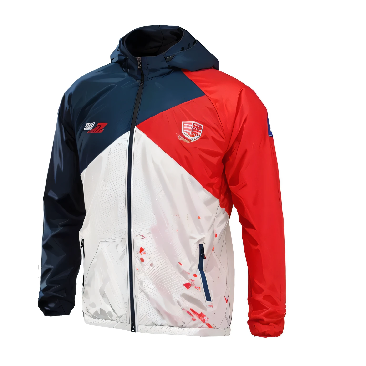 a red, white and blue jacket with a red and white logo, sports jacket, sports clothing, sport clothing, red and grey only, hooded, black and red jacket, digitally painted, jacket, wearing track and field suit, digitally drawn, detailed clothing, tracksuit, motivational, new design, detailed, red sport clothing, digital rendering, close portrait
