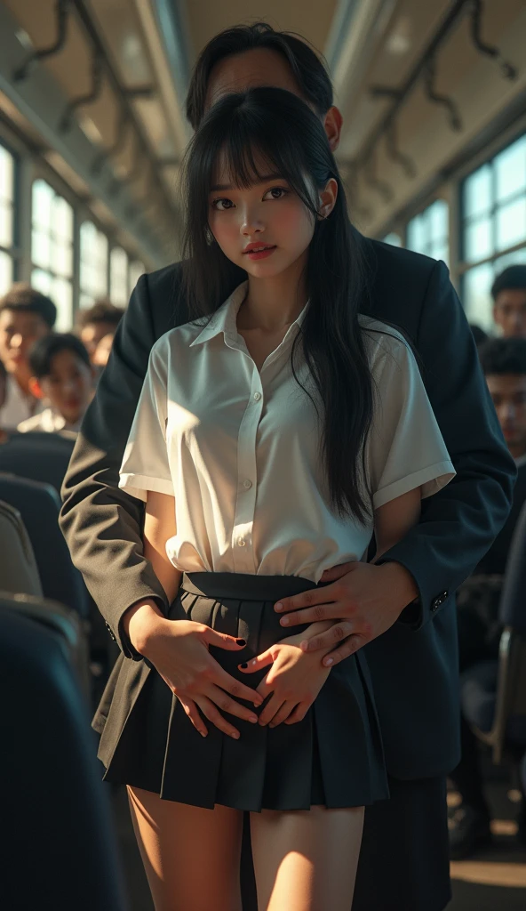 Photorealism, (molestation: 1.5), 1 girl, (full body shot), 1 man, (((office lady being molested: 1.5))), (very beautiful), (beautiful face: 1.5), girl has her hands tied behind her back, girl is crying, (office lady uniform: 1.2), (in a crowded Japanese train: 1.5), man forcefully kisses her, (man takes off her skirt: 1.5), (man holds her : 1.5), (in SFW: 1.1), (((pussy ve through shirt))), (moans of pain: 1.3), (ecstasy: 1.5 bondage, slave, nsf