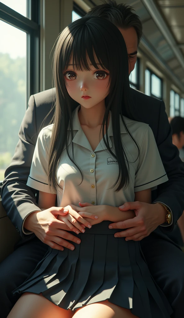 ((Highest quality, 8k, RAW Photos, masterpiece :1.3)), (Realistic、Realistic:1.37)、Very detailed、Ultra-high resolution, (Professional Lighting), ((From above:1.2)),((Full body photo)),Small breasts、Perfect Face、Beautiful expression、Beautiful Face、Beautiful Eyes、18 year old high school girl、Real beautiful girl、Beautiful black hair、(No bra、Schoolgirl uniform、Button-down shirt:1.2、Off the shoulder、Mini Pleated Skirt)、(Inside a crowded train with sunlight streaming in、Beautiful girl standing in front of the train door、A chubby middle-aged Japanese man hugs a high school girl from behind on a train)、((((A middle-aged man standing behind a woman、The man reaches out his right hand and touches the woman's breast.:1.3、The man's left hand is touching the high school girl's private parts with his fingers.:1.2、Button-down shirt:1.2))))、caress、Expressions of fear、Blushing、The man has a vulgar look、Man hugging