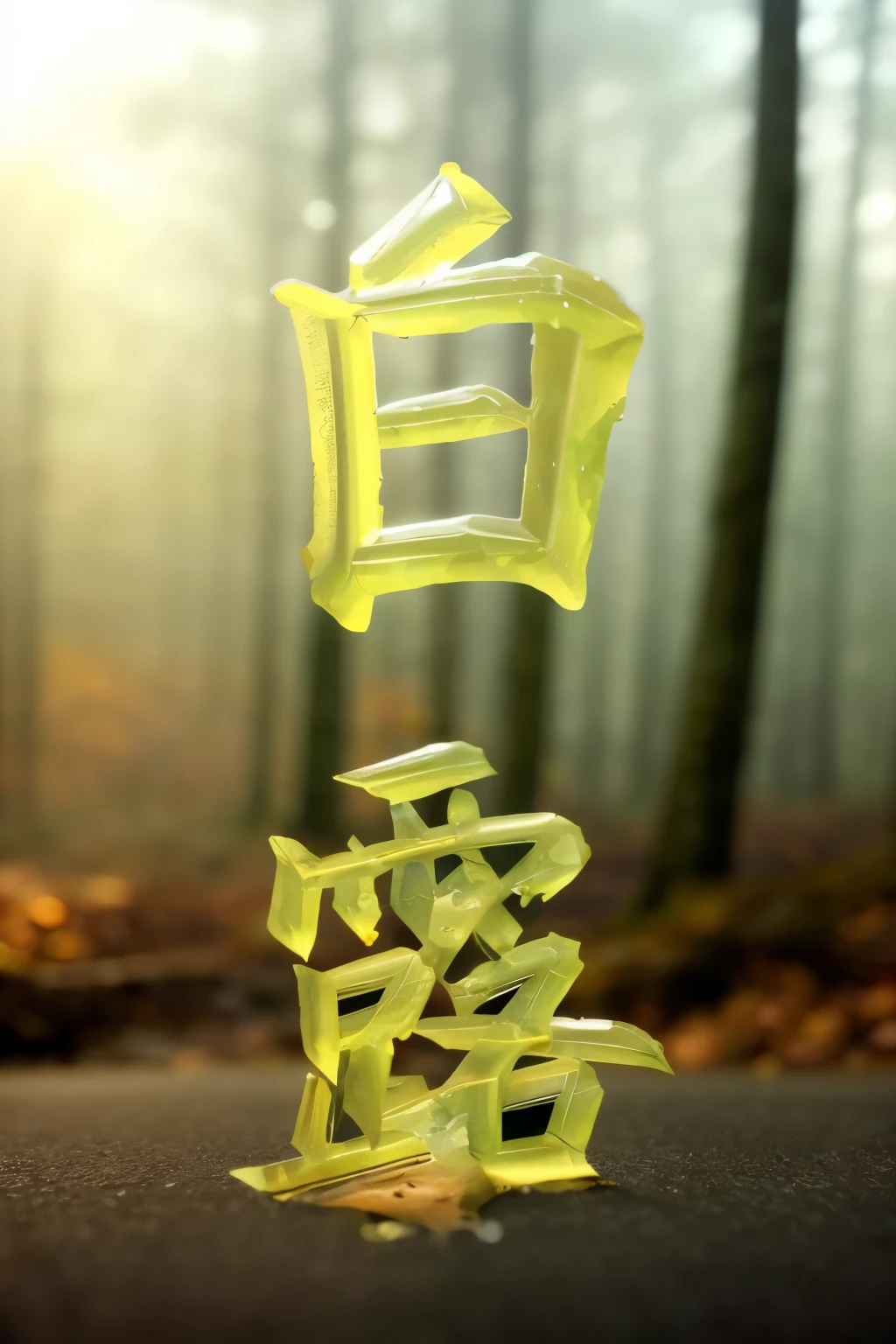 crystal text, poster style, water droplets on leaf, big leaf on the ground, forest in the distant, dewdrops, autumn, detailed droplets, best quality, masterpiece