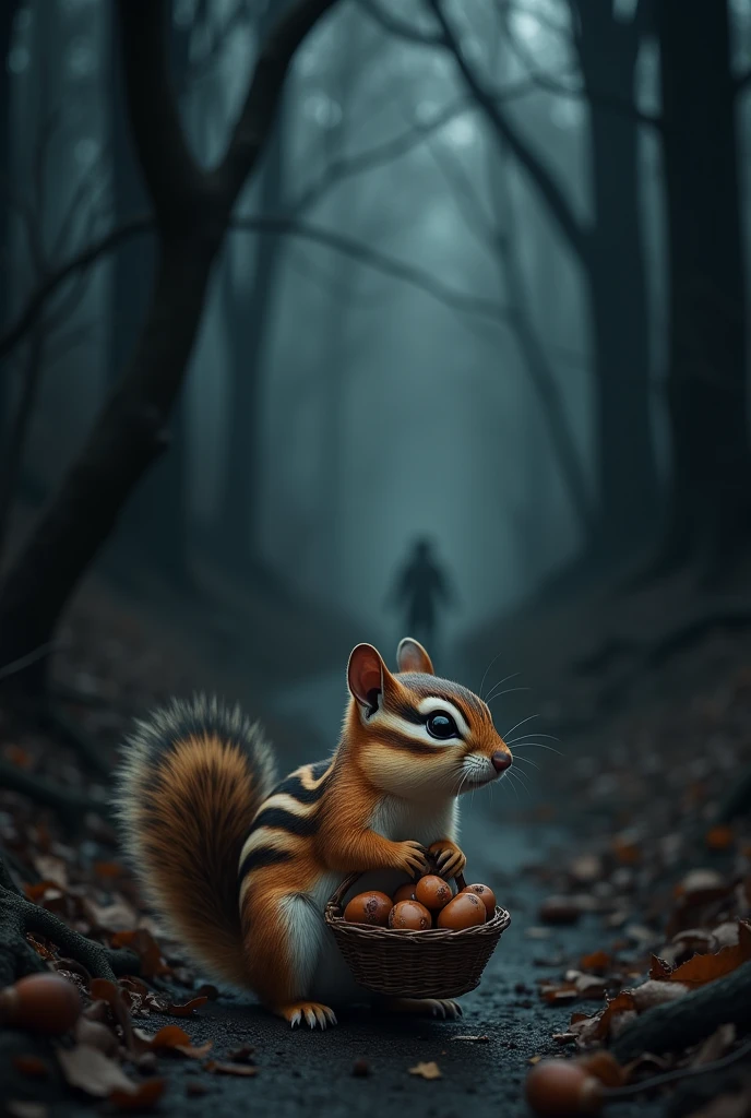 cuorios chipmunk holding a basket of acorns in dark forest facing in dark path