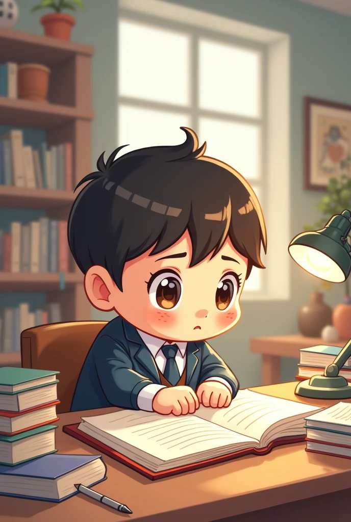 cute chibi boy illustration of a hardworking student with books and notebooks