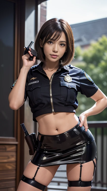 An innocent 20-year-old girl、((Police Girl, Sexy police uniform, skirt, Cute and elegant, Dramatic Pose)),nightの街の背景,Shortcuts、RAW Photos, (8k、Highest quality、masterpiece:1.2)、(Intricate details:1.4)、(Realistic:1.4)、Octane Rendering、Complex 3D rendering with ultra-detail, Studio Soft Light, Rim Light, Sharp details, Super Detail, ((Shiny skin 1.5 Detailed Aspects, Beautiful details in the eyes, Highly detailed CG Unity 16k wallpaper, Compensate, (Detailed Background:1.2), Glowing Skin, whole body,Hands down、Spread your legs and show me your panties, Black Hair, Sexy police officer in uniform, night, Facial details, from the front, Ready your gun?, refer