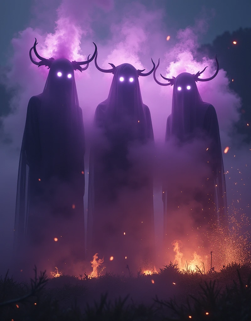 (Mysterious Fog:1.5), Imagine an eerie, mystical scene in the dead of night. Three ethereal jinn entities manifest from the darkness, their eyes aglow with an intense shine that pierces the obscurity. These enigmatic beings are shrouded in a cocoon of purple mist and smoke, adding to their spectral ambiance. Simultaneously, their magic incites a brilliant display of golden fire and sparks, which dance around them in a chaotic yet beautiful performance. This supernatural spectacle serves as a reminder of their otherworldly power and the intense aura they exude.