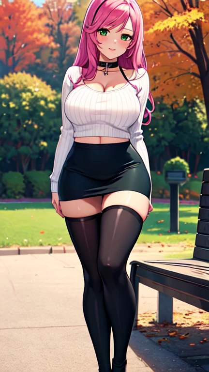 Masterpiece, raw, beautiful art, professional artist, 8k, art style by sciamano240, very detailed face, very detailed hair, 1 woman, perfectly drawn body, beautiful face, long hair, pink hair , very detailed green eyes , rosey cheeks, intricate details in eyes, playful smile, looking directly at viewer , in love with viewer expression, black chocker, lipstick, wearing cute fall clothes, dark blue ribbed crop sweater, short black pencil skirt, thigh boots, full body view, standing, one foot on park bench, sunny day fall setting, focus on feet, cleavage exposed