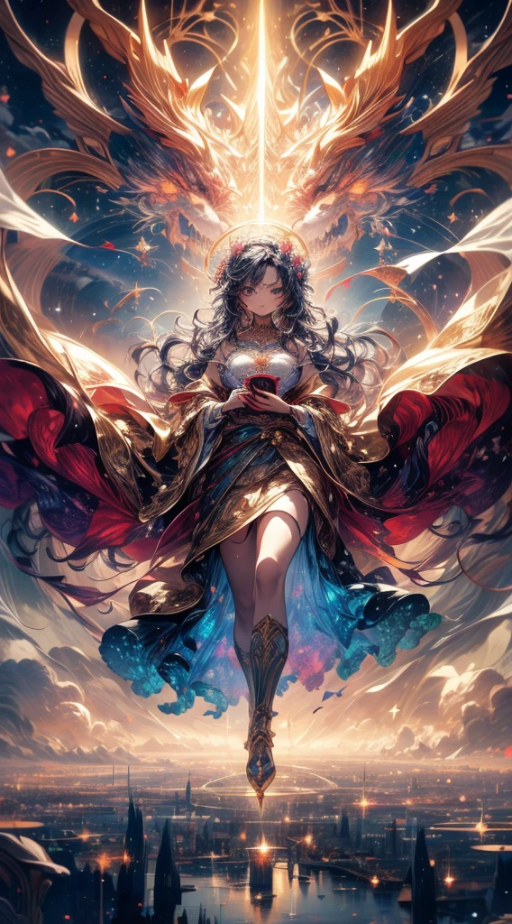 (high quality:1.4), (best quality:1.4), (masterpiece:1.4), official art, official wallpaper, surreal, beautifulgoddess, (1woman:1.1), (long wavy hair:1.1), (flower crown:1.1), (mystical creatures:1.1), (floating islands:1.1), (detailed landscape:1.1), (magic in the air:1.1), (stardust:1.1), night sky, (whimsical atmosphere:1.1), (dreamlike world:1.1), (bubbles:1.1), flying books, (luna moths:1.1), (moonlight:1.1), enchanted forest, (wisdom:1.1), (powerful energy:1.1), (guardian angels:1.1), (peaceful:1.1), vibrant colors, (detailed:1.05), (extremely detailed:1.06), sharp focus, (intricate:1.03), cinematic lighting, (extremely intricate:1.04), (epic scenery:1.09), vibrant colors, (beautiful scenery:1.08), (detailed scenery:1.08), (intricate scenery:1.07), (wonderful scenery:1.05),, (sharp focus,absurdres,high quality,masterpiece,highres,best quality:1.5)