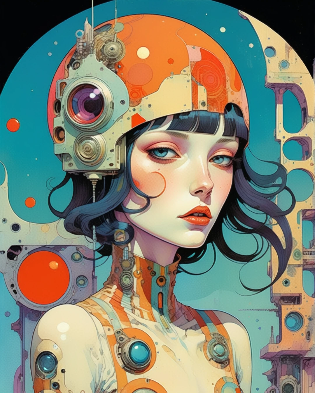 Moebius (Jean Giraud) Style - A picture by Jean Giraud Moebius, in style of Victo Ngai, beautiful details，in style of Marie Laurencin, beautiful details，Imagine a half-cyborg creature in a Neo pop art style, with exaggerated features and bold, popping colors. The portrait should have a comic book feel, with thick outlines, vibrant hues, and a mix of mechanical and organic elements. The background is a collage of iconic vintage symbols, like cassette tapes and old advertisements, blended with futuristic patterns and glitch effects.
