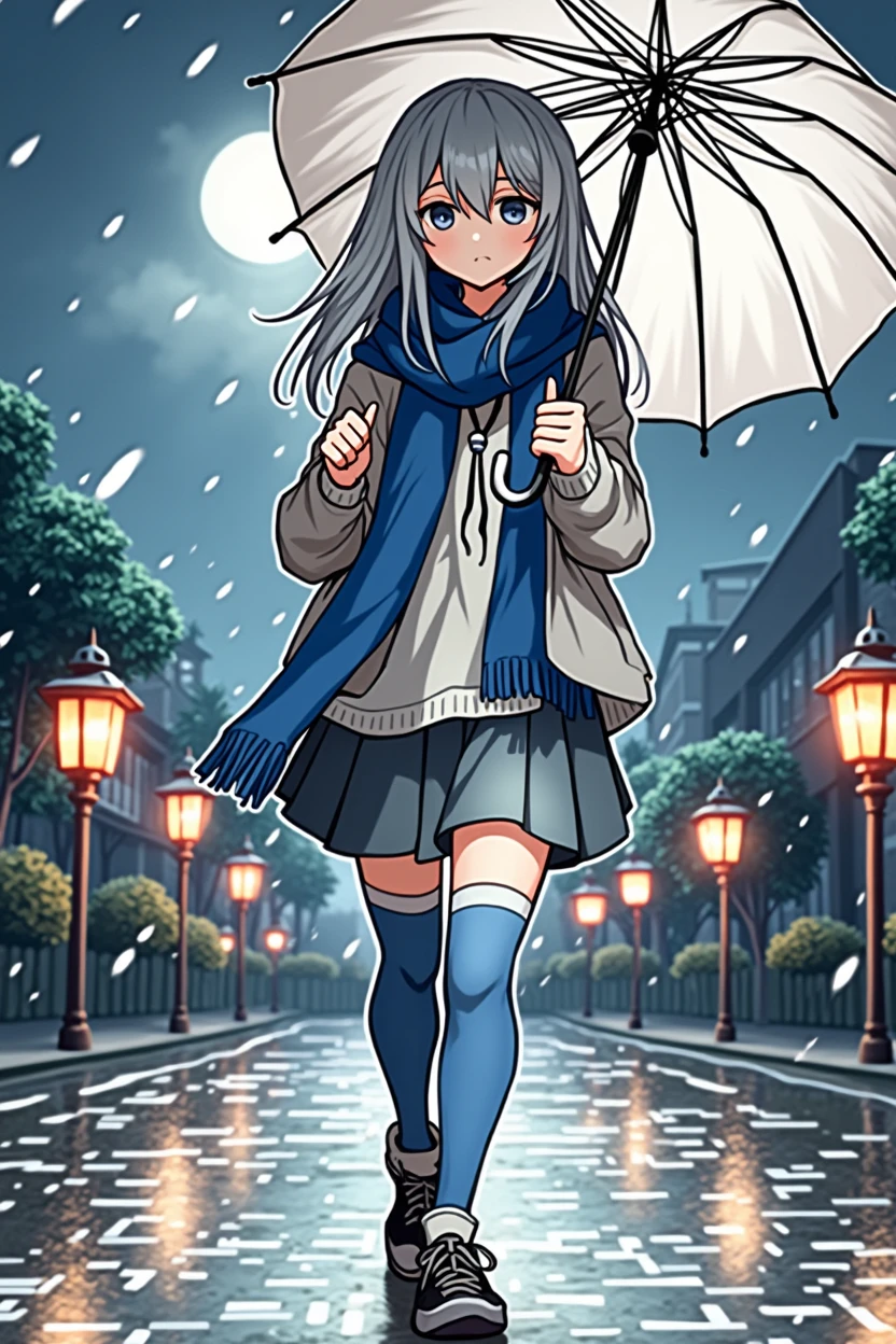 On the rainy playground, the girl hit the umbrella above her head, and held an umbrella in her other hand, blue denim leggings, masterpiece superb night moon full moon 1 female mature woman, Chinese sister royal sister cold face showing silver white long hair woman light pink lips calm intellectual three banded gray elementary school student assassin lantern lantern flower ball background strolling street scene, long hair shawl,