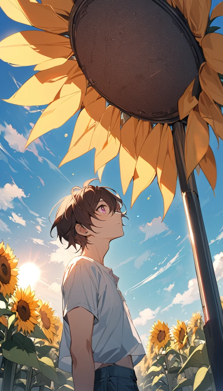 good looking, alone, 1 male, Dark brown hair, Pink highlights on the tip, Pale pink eyes,summer,A vast blue sky,sun,Looking up at the sky,The background is asphalt and sunflowers.