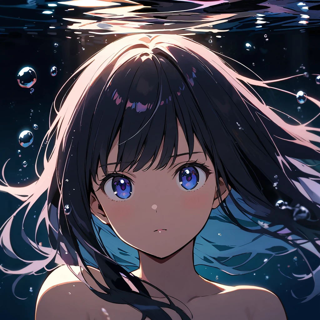 naked,sea,underwater,bubbles,portrait,darkness, backlighting, ( inoue takina, ), 