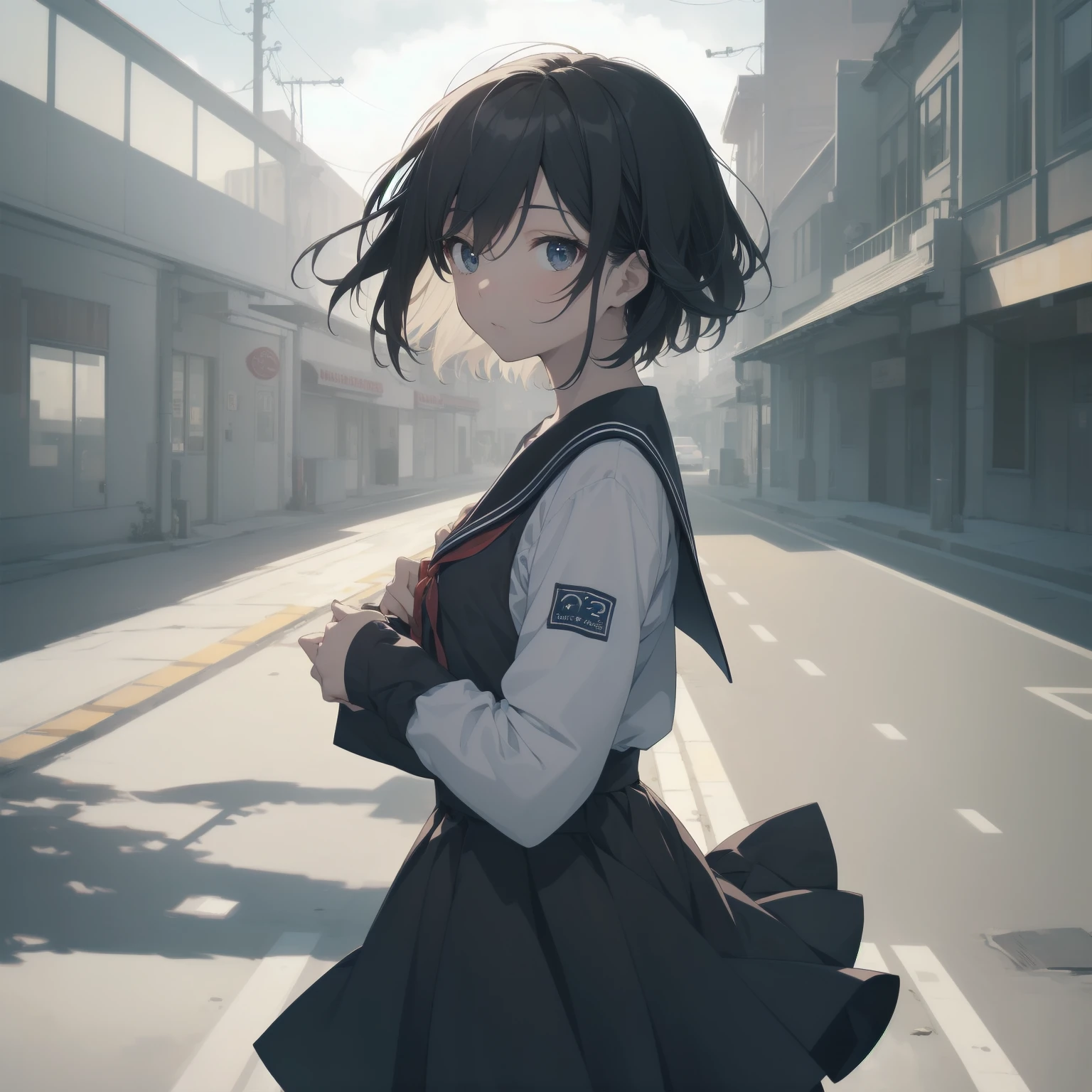 ultra-absurdres-Top quality by artist God, ultra-detailed, high resolution, anime moe artstyle, best anime 8k konachan wallpaper, pixiv contest winner, pool:2810, perfect anatomy,break, 1girl, (Please draw a girl walking sleepily to school alone. )break,(Solo,little female, 13-year-old:1.3),Full limbs, complete fingers,a junior high school student, (very short hair), short cut, flat chest, , small butt, small black eyes, beautiful detailed eyes, well-proportioned iris and pupils, expressive eyes, highres detailed hair, soft expression, salor school_uniform, sailor collar, serahuku, bow, pleated skirt,(Detailed Lighting), (Detailed background), in the School commute route. break,super detailed skin, Best cinematic lighting powered by famous artist, 8k,beauty illustration,photoshop_(medium),very aesthetic,break,((artist:izumi_tsubasu )), artist:clamp ,artist:carnelian ,artist:kantoku ,
