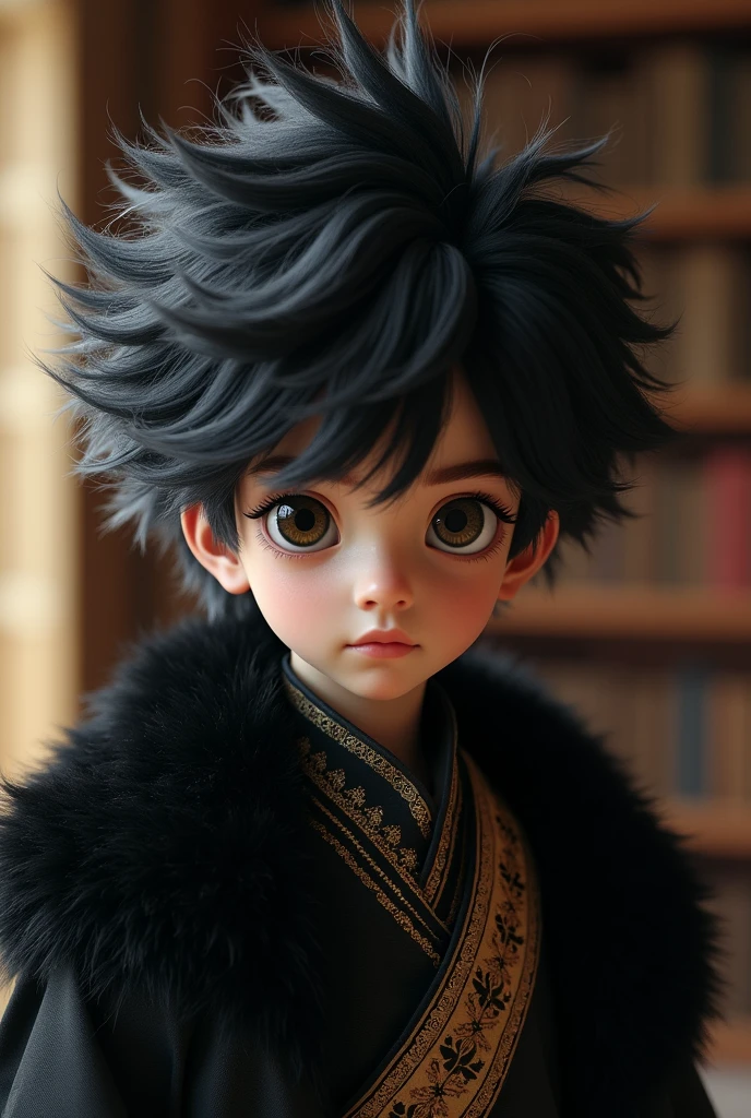 focus on character, Shota, Chico, male, child, child, aristocratic clothing, fancy, , medieval, roomy shorts, library, black fur, messy hair, woolly fur, Outstanding hair, puffy hair, black eyes, Alone, alone, focus on character, 8k, HdR, 8k HD, hyperdetailed, detailed character, detailed eyes, detailed face