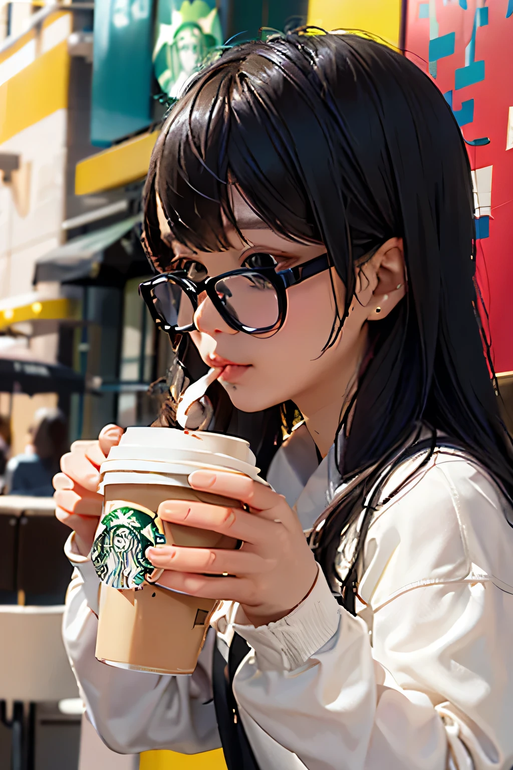 Keith Haring colorful style, Simple Line Initialism,Abstract art,Starbucks Coffee, (((The most beautiful girl of all time))), Sweet face. Lips in love, colorful hearts, (((stylish design))), (((黒い瞳))), (((Drinking coffee))), Stylish glasses