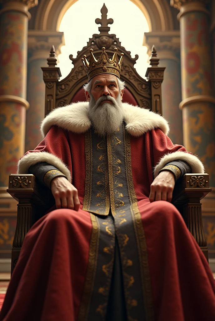 King sitting on a throne with a crown made of paper