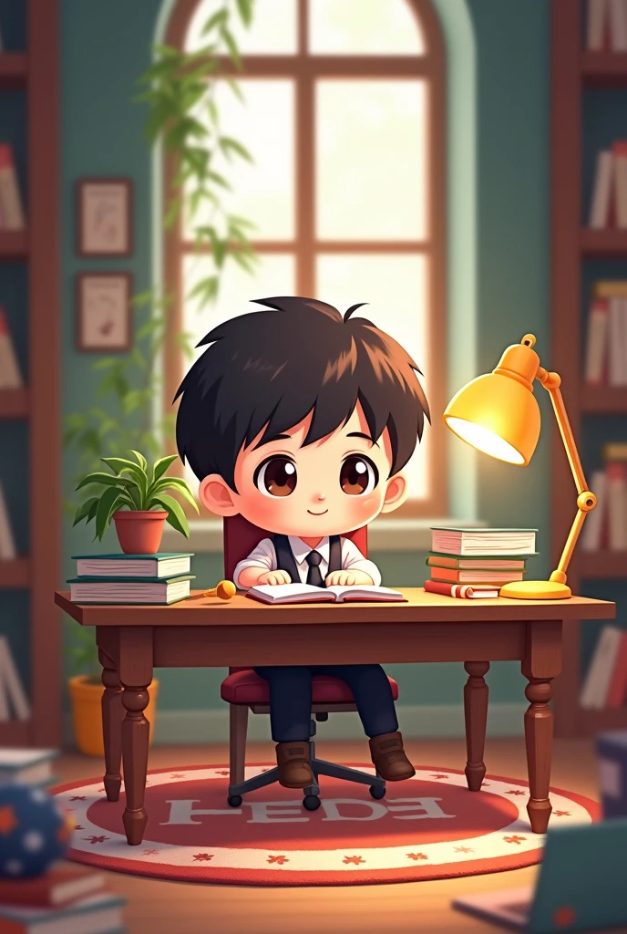 (cute chibi boy illustration of a hardworking student with books and notebooks in the library