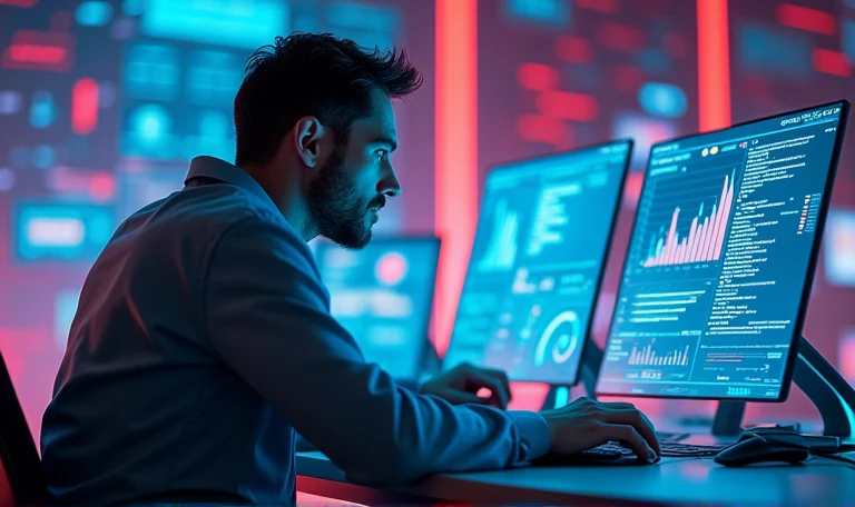 Futuristic data scientist at work, side view, sitting at a holographic workstation, surrounded by floating data visualizations and glowing code, neon blue and red color scheme, digital art style, detailed, 4k resolution